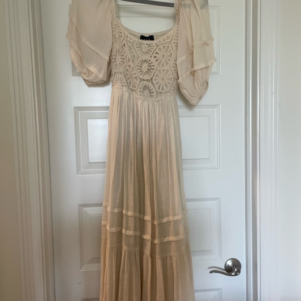 Vici Cream Smocked Maxi Dress with Puff Sleeves